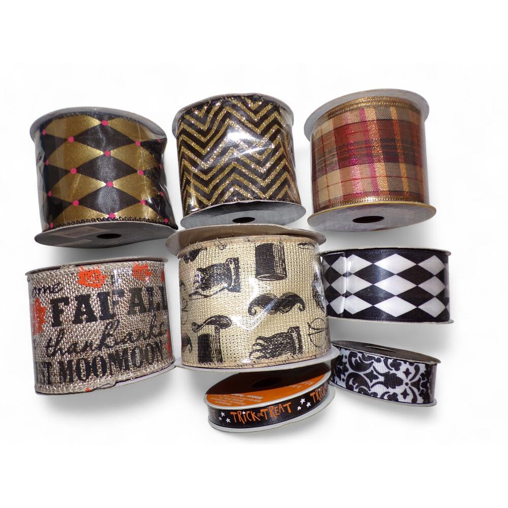 Craft Ribbon Lot 8 Sealed Spools Plaid Floral Zig Zig Harvest Trick or Treat